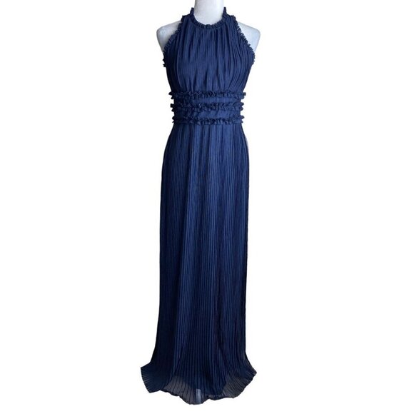 JS Collections Dark Blue Pleated Mesh Halter Maxi Gown Formal Prom Women's Sz 6 - Picture 2 of 13